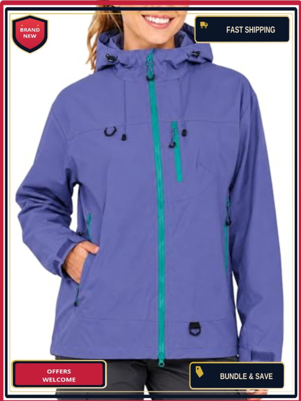 Water Resistant Windproof Lightweight Shell Jacket with Adjustable Hood for